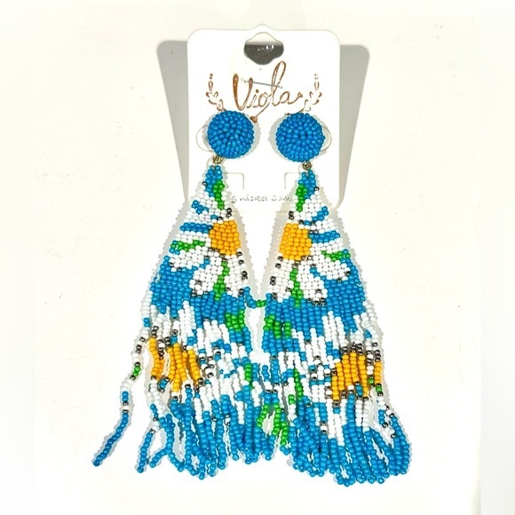 Viola Jewelry - NWOT Electric Blue Seed Bead Sunflower Pattern Earrings